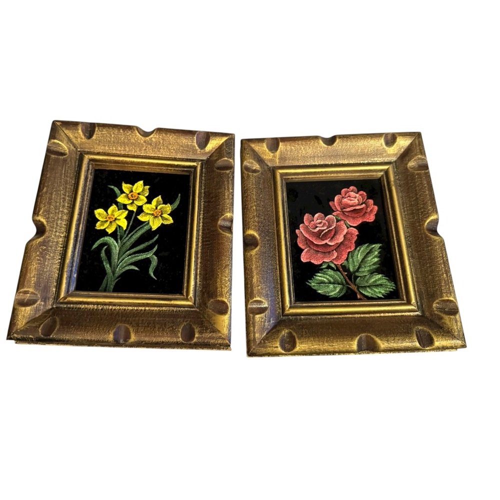 Gold Vintage Framed Floral Art Set Small pictures Velvet painted flowers